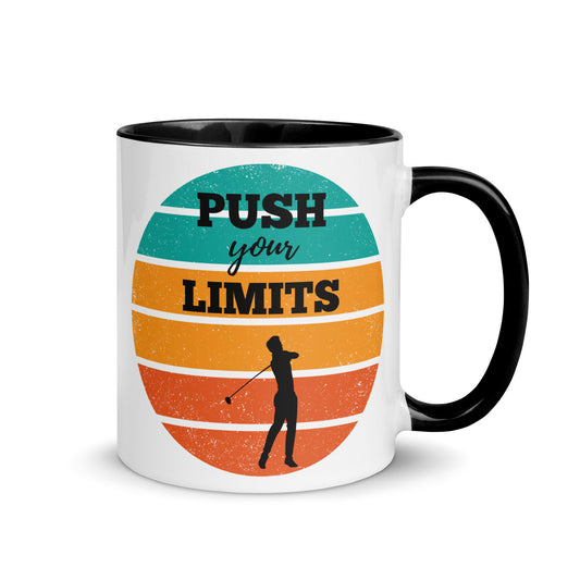 kunstvoll bedruckte Sporttasse, Retrohintergrund und dem Spruch Push your limits