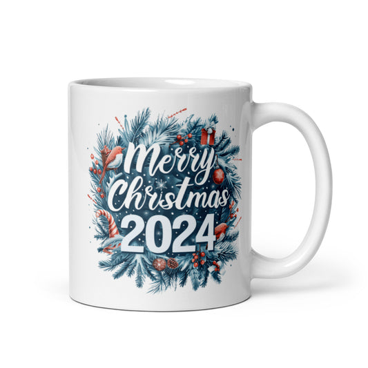 kunstvoll bedruckte Weihnachtstasse mit dem Spruch Merry Christmas 2024